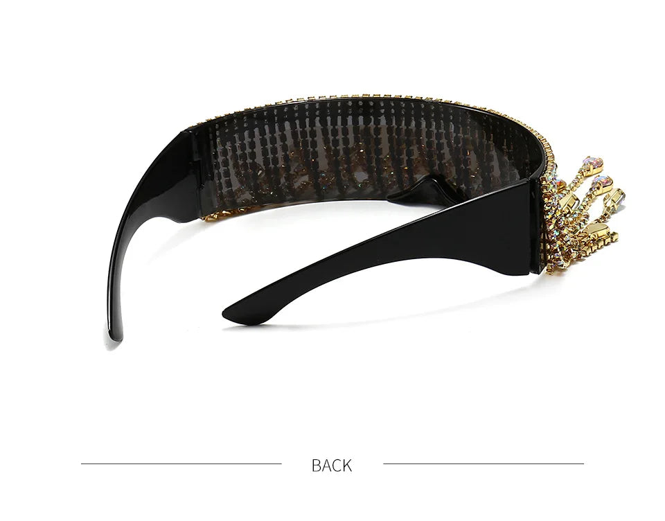 Oversized Tassel Crystal Goggles Sunglasses Women Luxury Desinger Diamond Show Sun Glasses Steampunk  Bling Glasses Shade