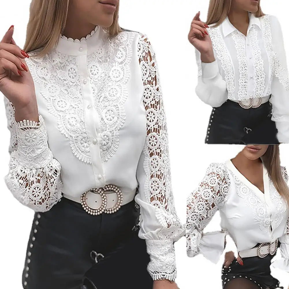 Women Sexy Lace Patchwork Hollow Out Shirt Long Sleeve Crew Neck Button Mesh Design Blouse Spring Fashion White Vintage Shirts