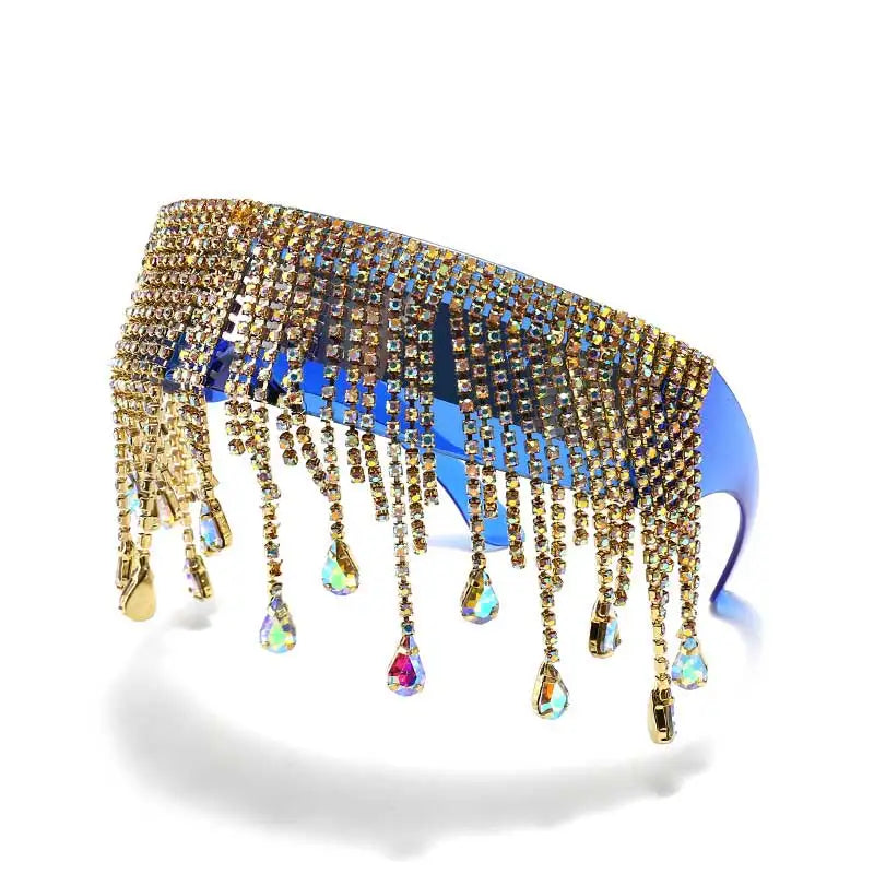 Oversized Tassel Crystal Goggles Sunglasses Women Luxury Desinger Diamond Show Sun Glasses Steampunk  Bling Glasses Shade