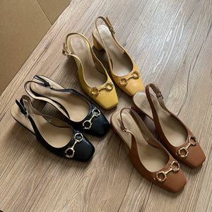 Square Toe High Heel Genuine Leather Retro Chunky Heel Sandals - EtherealBe