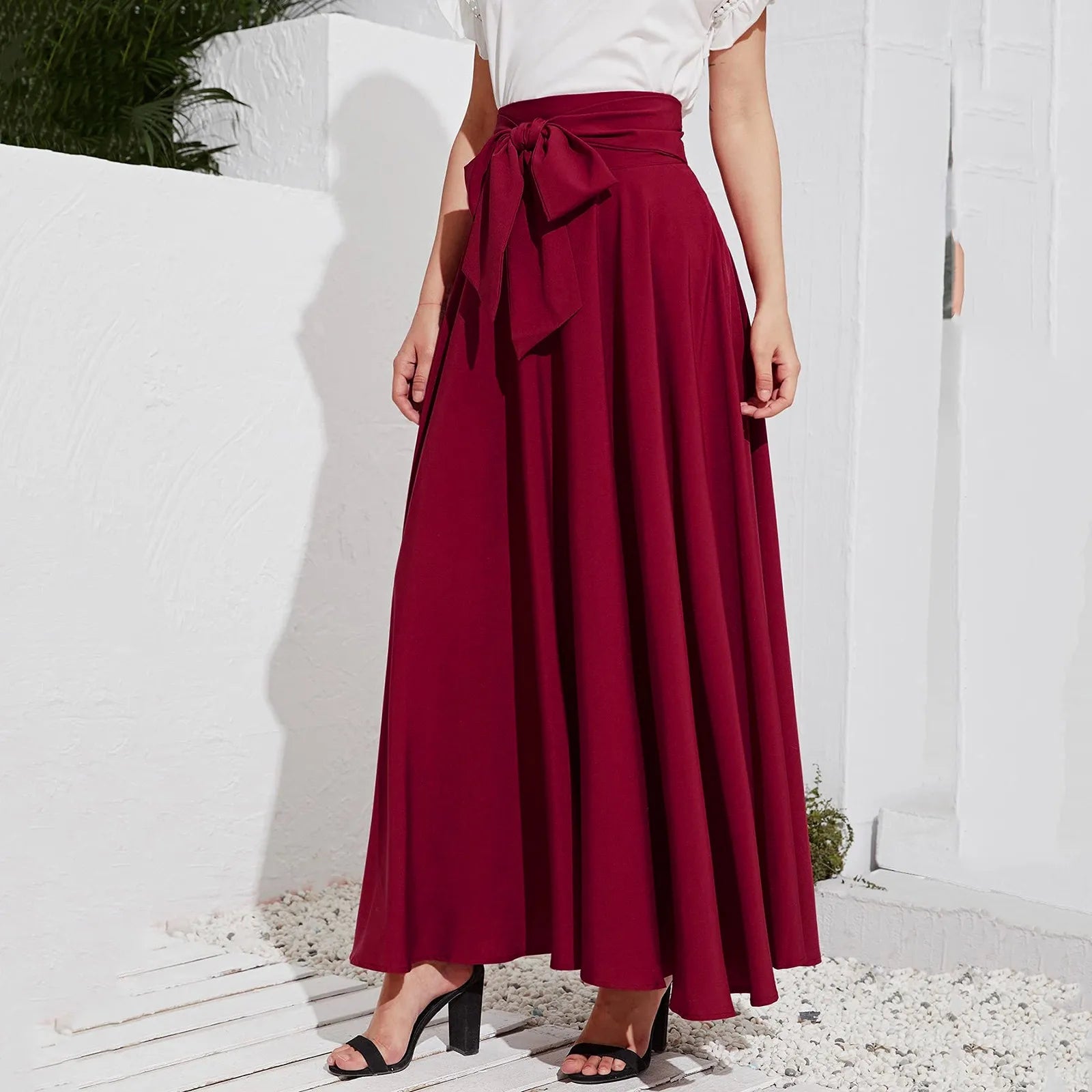 Women's Elegant Temperament Skirt High Waist Front Bow Tie Pleated Skirts Korean Popular Clothes Ladies Office A Line Skirt