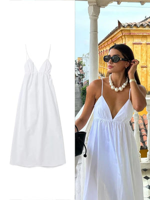 TRAFZA Women's White Elegant Halter Dress Pure V Neck Sexy Backless Spaghetti Strap Long Beach Holiday Casual Party Dresses - EtherealBe