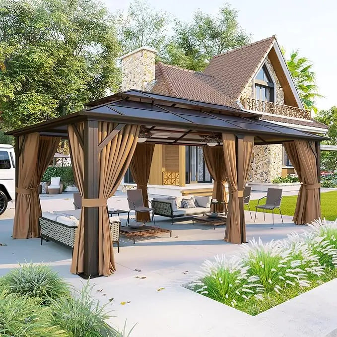 10'x12' Hardtop Gazebo, Aluminum Frame Permanent Pavilion with Curtains, Outdoor Polycarbonate Gazebo, Double Roof Canopy