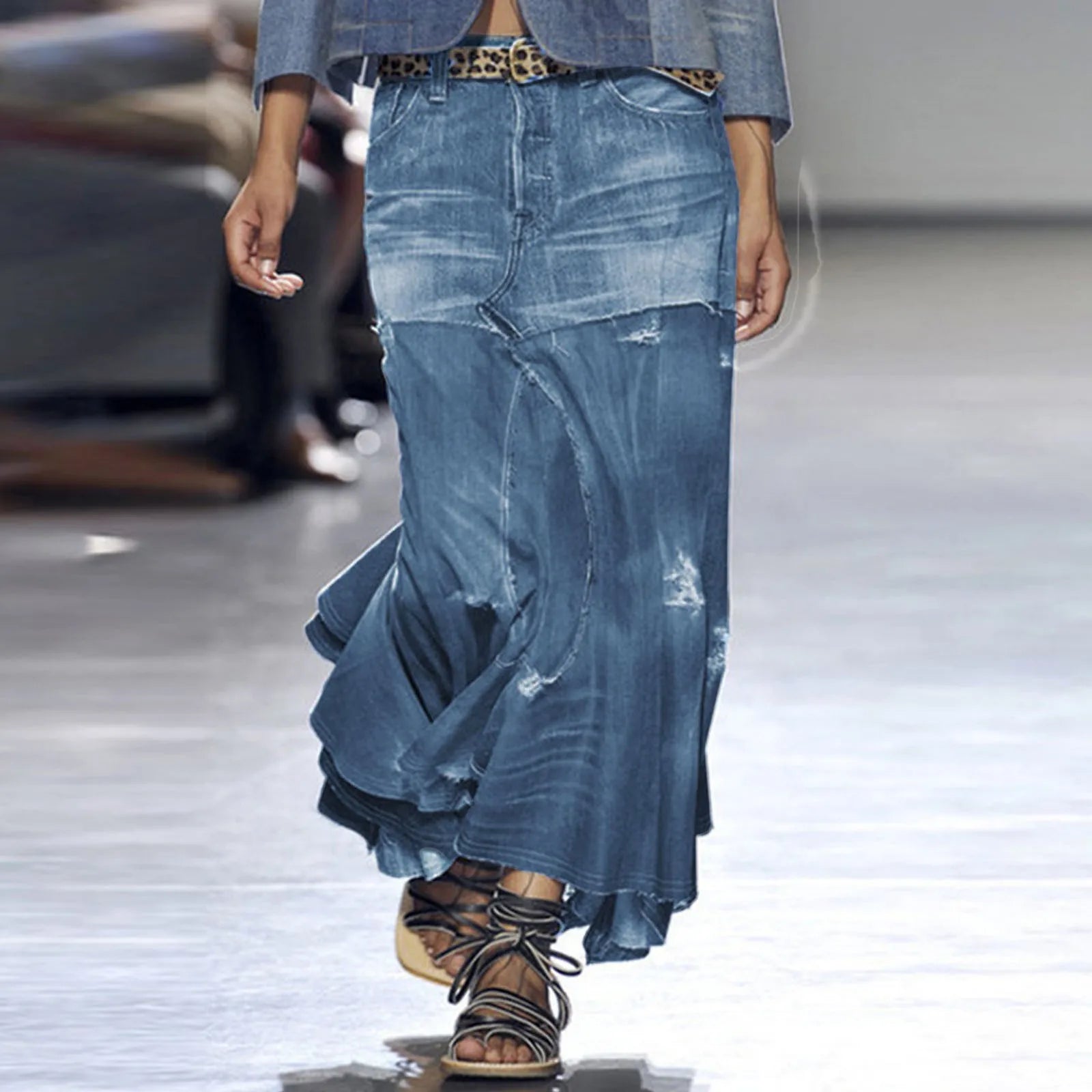 Fashion High Waist Irregular Patchwork Denim Skirt Women's Trendy Contrast Color Ankle Length Skirts High Street Jeans Skirts