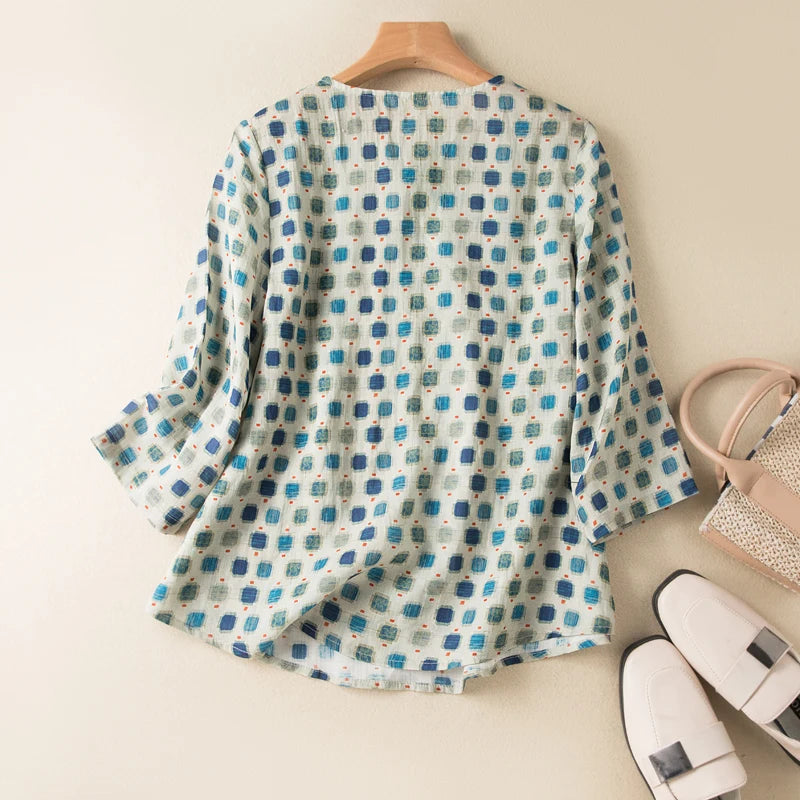 Vintage Cotton Linen Ramie Crewneck Tops Women's New Loose Pullover Print Shirt Casual Summer Tops