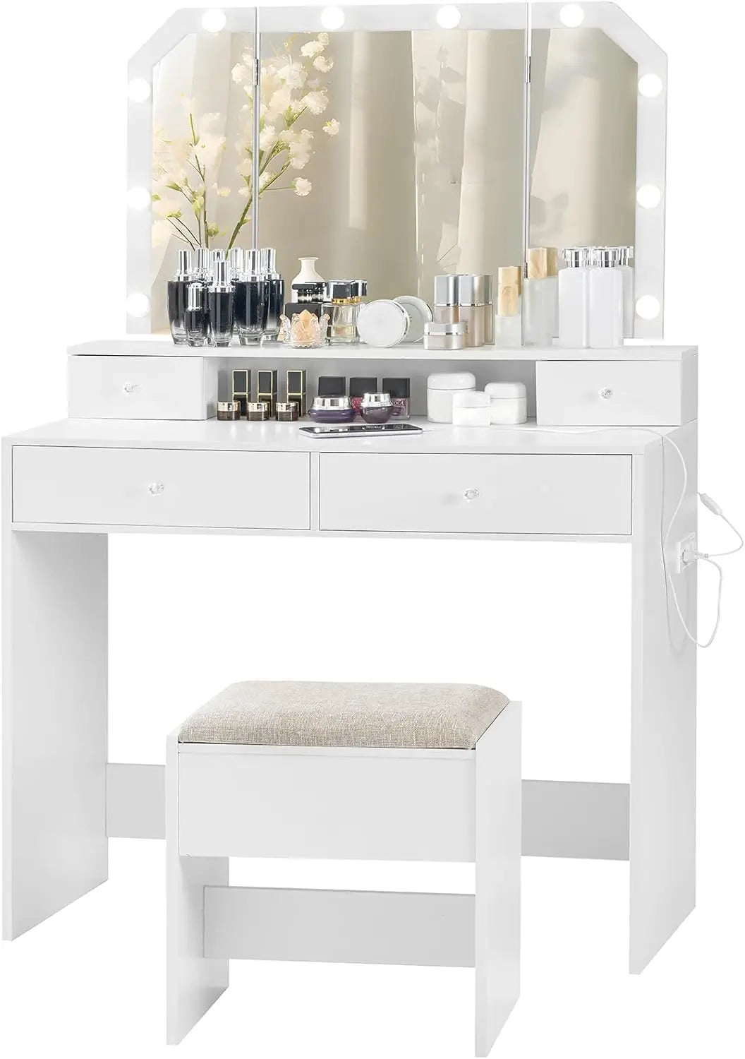 Vanity Desk Set with LED Fold Lighted Mirror & Power Outlet, Makeup Vanity Table with 4 Drawers, Cushioned Stool
