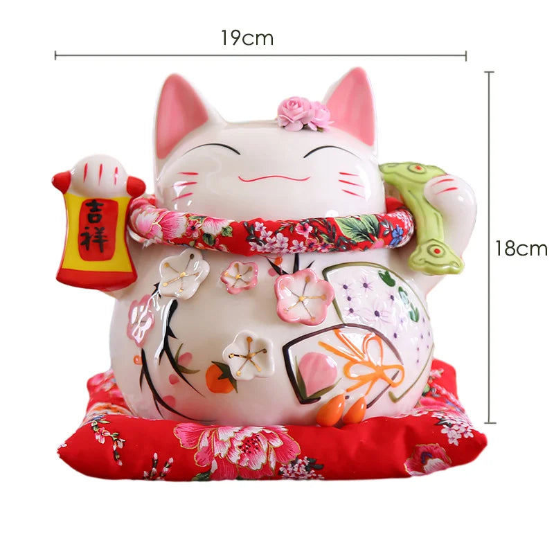 8 inch Japanese Maneki-Neko Ceramic Lucky Cat Fortune Cat Fengshui Statue Porcelain Money Box Home Decor Gift for Business