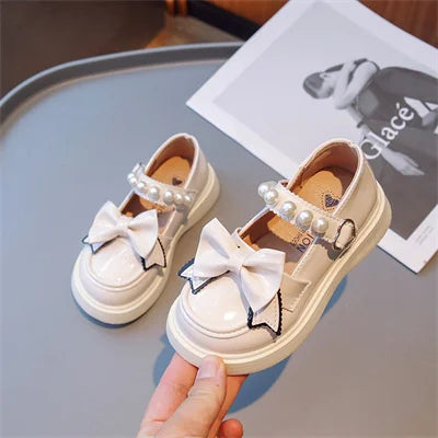 Girls Beige/black Round Toe Princess Shoes Pearl Bow, Girls Four Seasons Outdoor PU Princess Shoes, Size 26-36