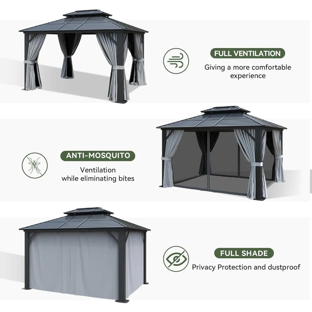 10'x 12' Hardtop Gazebo, Outdoor Dual-Layer Galvanized Steel Double Canopy with Netting and Curtains, Gazebos