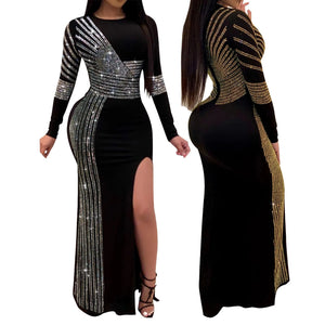 Women Evening Gowns Spring Autumn Long Sleeve Party Dress Rhinestone Glitter Floor Length Split Dress Female Sequined Maxi Dress - EtherealBe