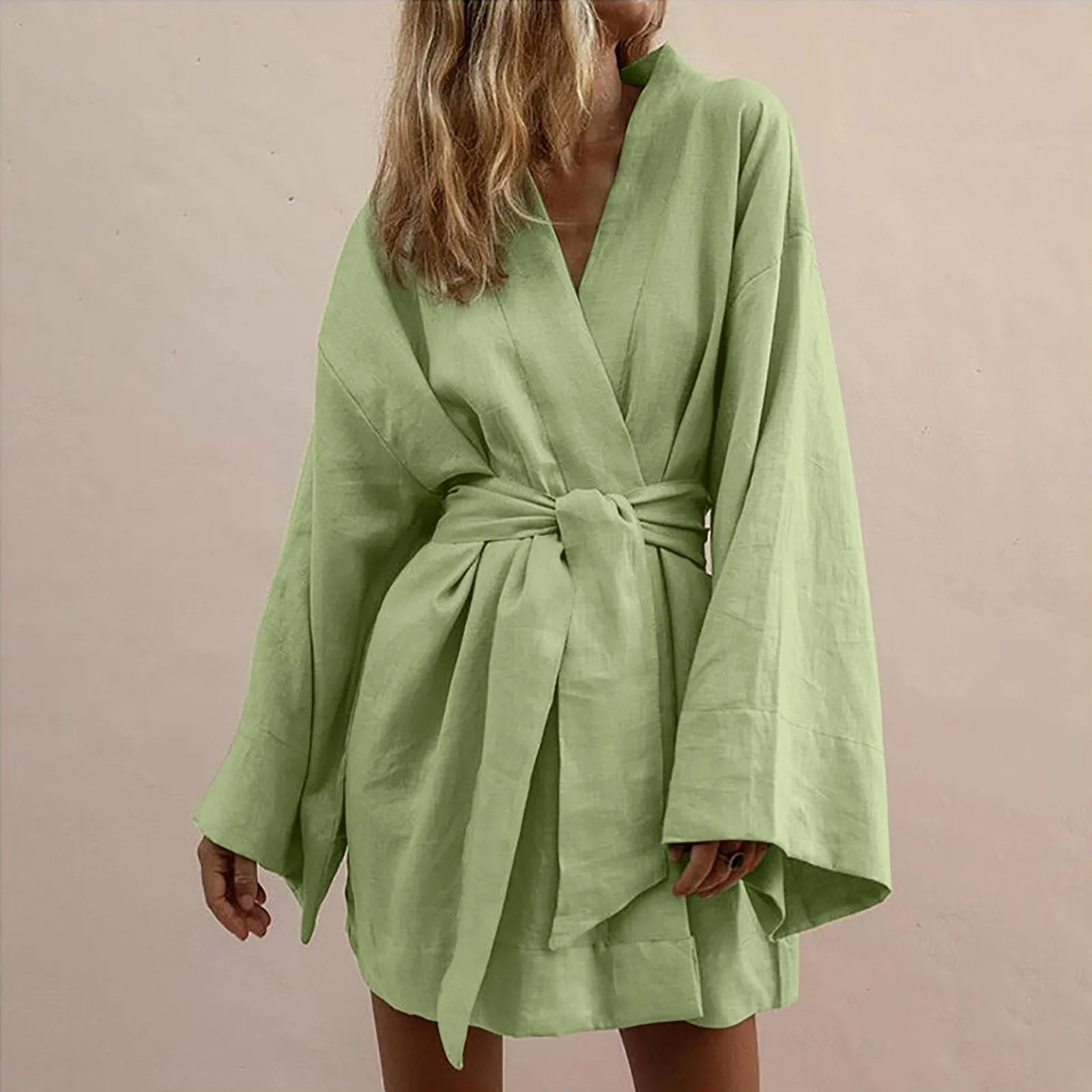 Women's Lace Up V-Neck Mini Dress 2025 New Cotton Linen Sashes Dresses Solid Long Sleeve Vestidos Loose Kimono Cardigan Dress