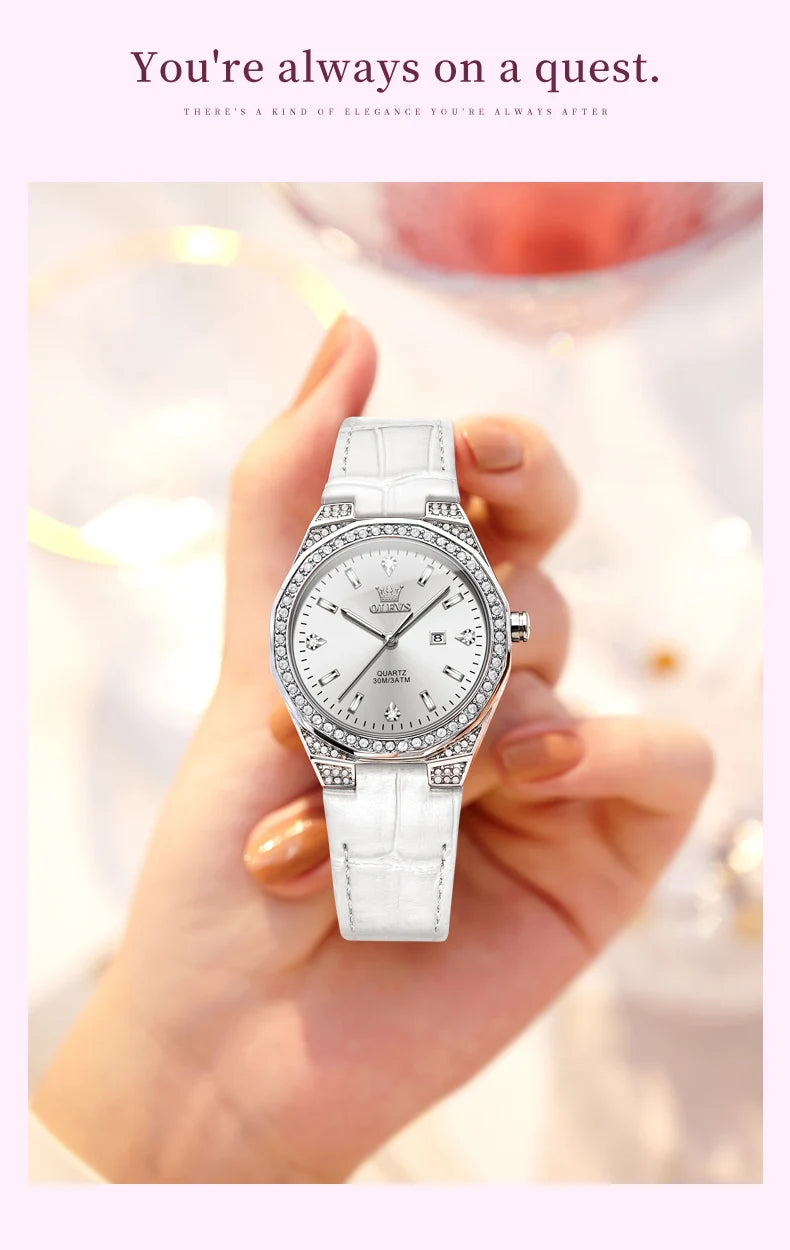 OLEVS Diamond Lap Women's Watches Luxury Original Quartz Watch for Women Fashion Leather Strap Waterproof Girls Dress Wristwatch