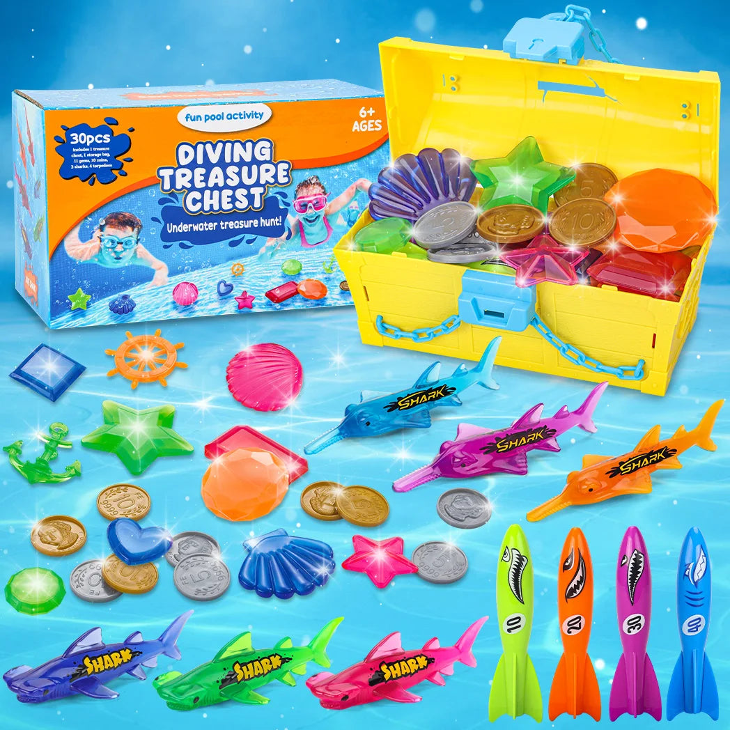 Pool Diving Treasure Chest Set includes treasure Chest, gems, gold silver coins and net bag, summer Pool Pirate diving game toys