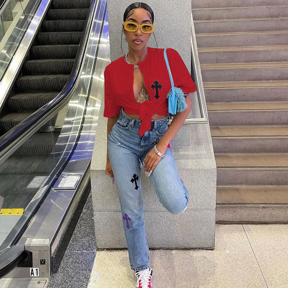 Perl White Cross Hollow Out Shirts for Women Summer Short Sleeve Female Clothes Fashion Christianity Pattern Crop Top Casual Tee