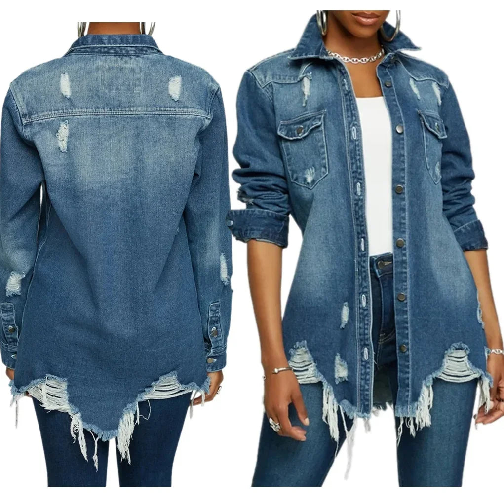 Women Jeans Jackets Spring Summer Ripped Denim Vintage Casual Denim Jacket Long Sleeve Female Chic Coat Streetwear 2024