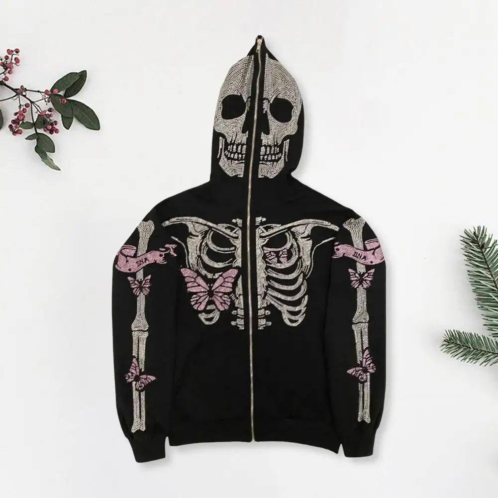 Unisex Hoodie Rhinestone Ghost Skeleton Halloween Hoodie with Zipper Closure Pockets for Unisex Party Cosplay Costume Fall