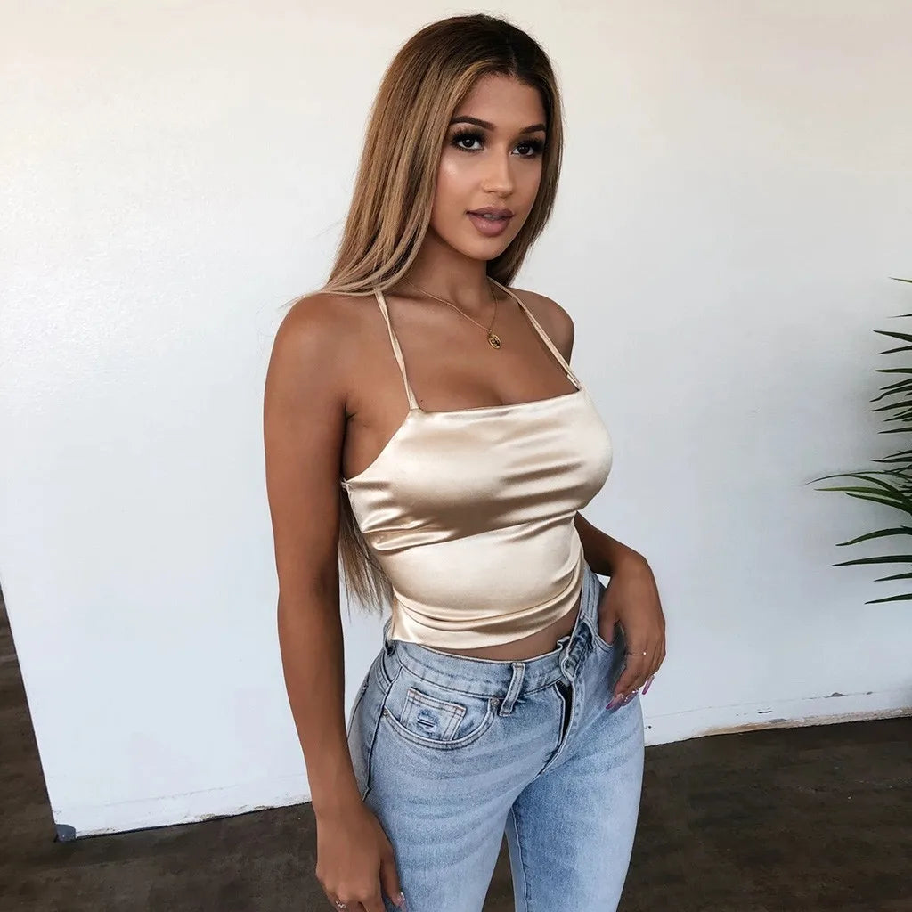 Slim Backless Crop Tops Soft Ice Silk Sexy Camisole Women's Club Party Bandage Camis Y2k Sexy Tank Tops Blusas Ropa De Mujer