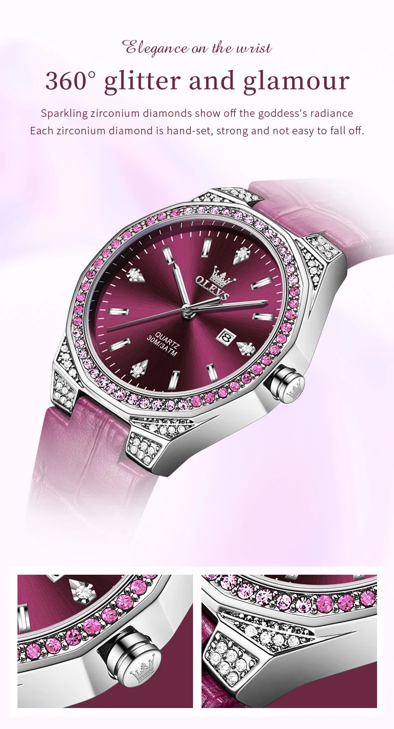 OLEVS Diamond Lap Women's Watches Luxury Original Quartz Watch for Women Fashion Leather Strap Waterproof Girls Dress Wristwatch