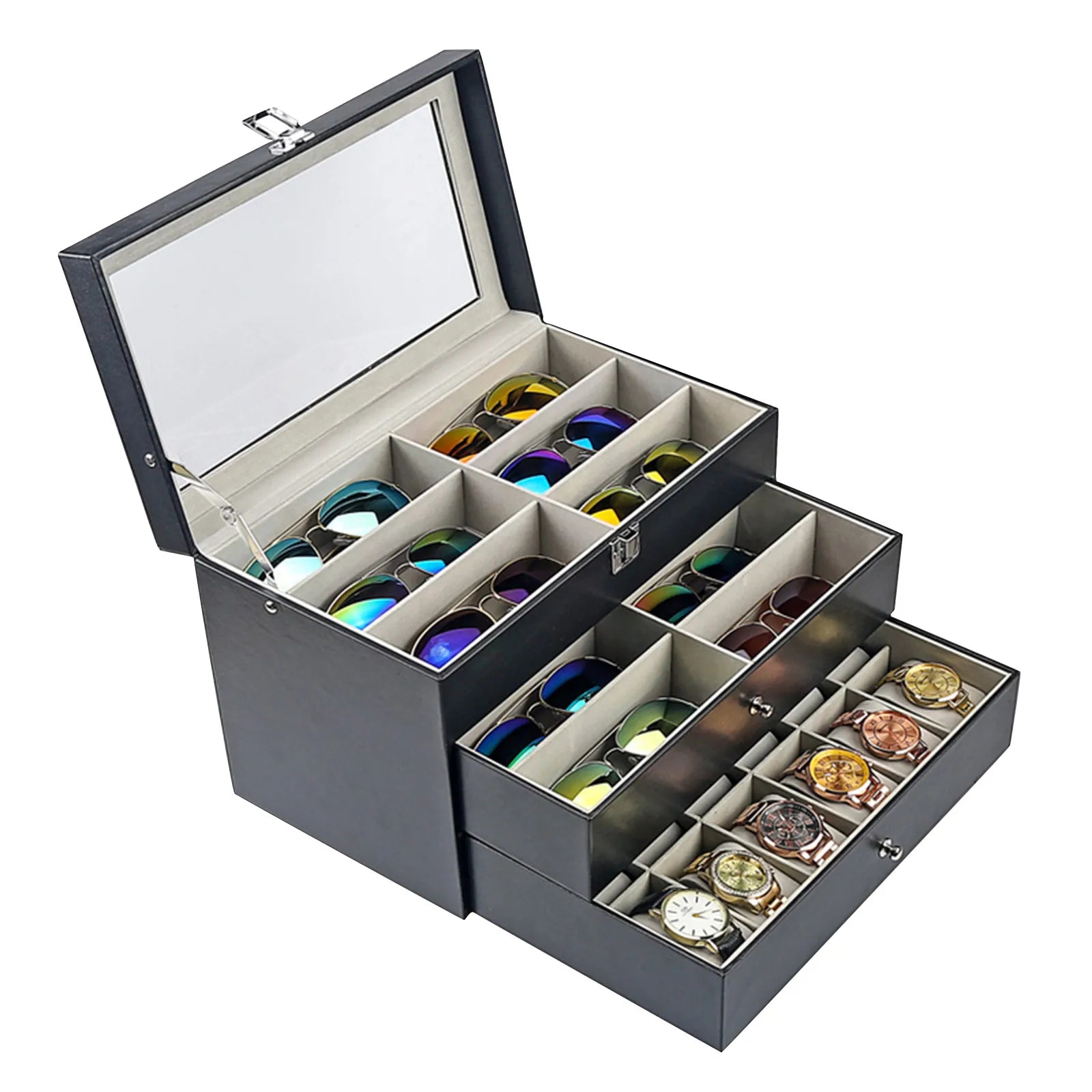 /24 Grid Jewelry Collection Storage Holder Box Leather Watch Glasses Display Case Sunglasses Storage Holder