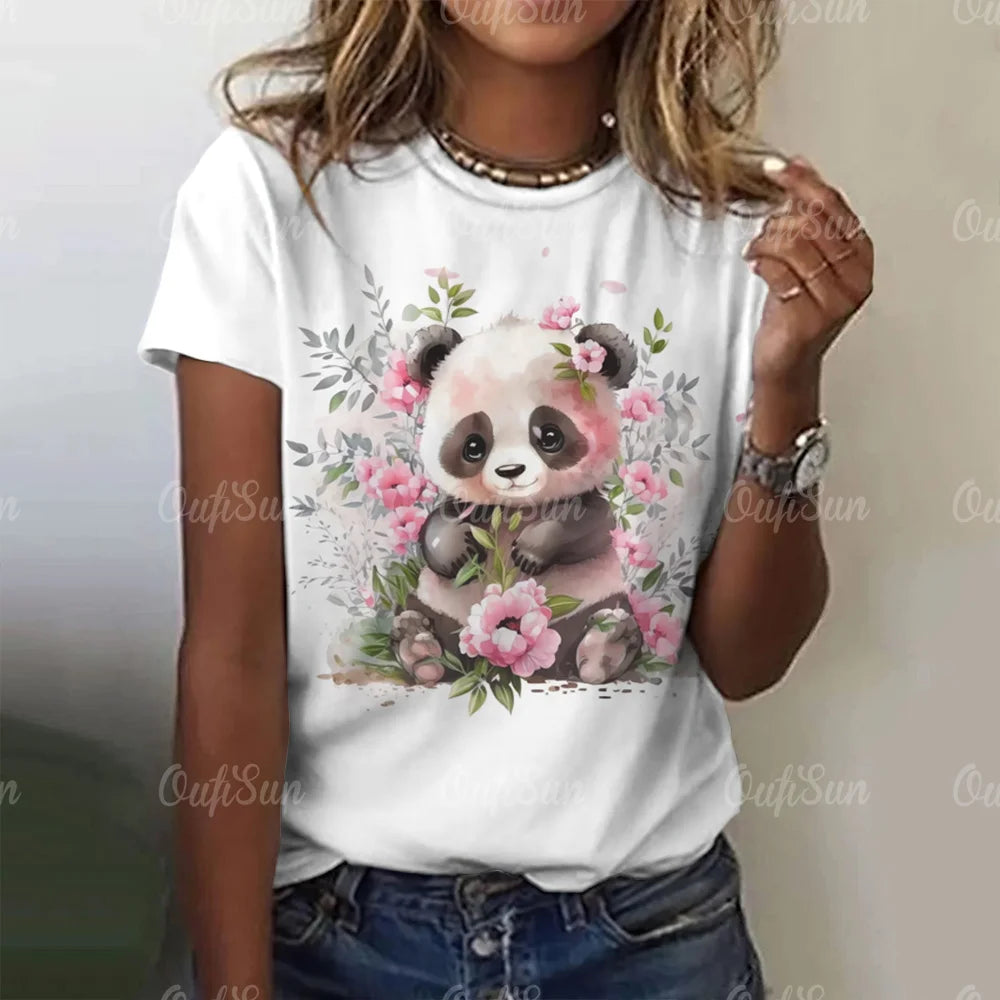 Cartoon Panda Pattern Women's T-Shirt O Neck Short Sleeve Tees Loose Pullover Summer For Ladies Female Fashion Streetwear Tops
