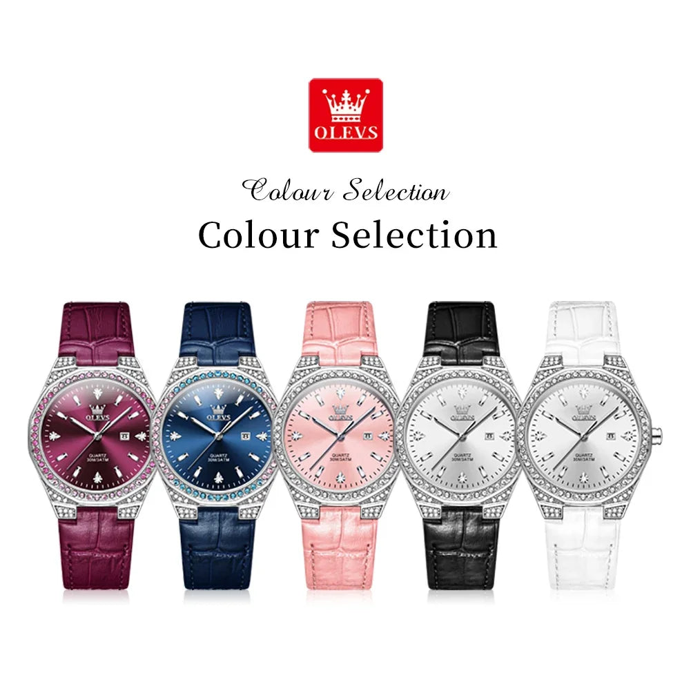 OLEVS Diamond Lap Women's Watches Luxury Original Quartz Watch for Women Fashion Leather Strap Waterproof Girls Dress Wristwatch