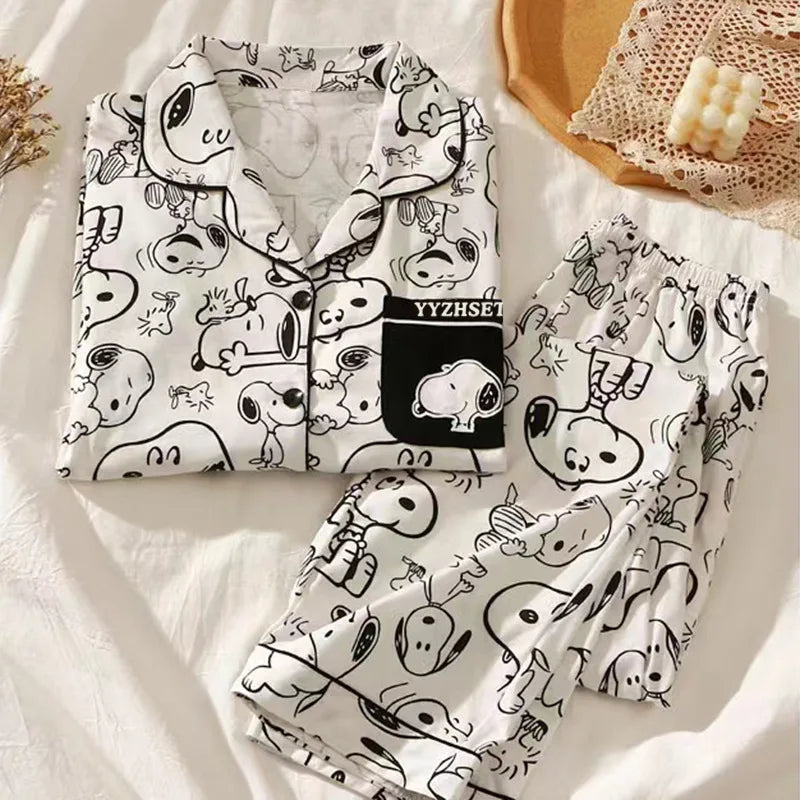 Cartoon Snoopy Sleepwear Trouser Suit Long Sleeves Pajamas Loose Simple Cardigan Home Wear Fashion Soft Comfort Cute Girls Gift
