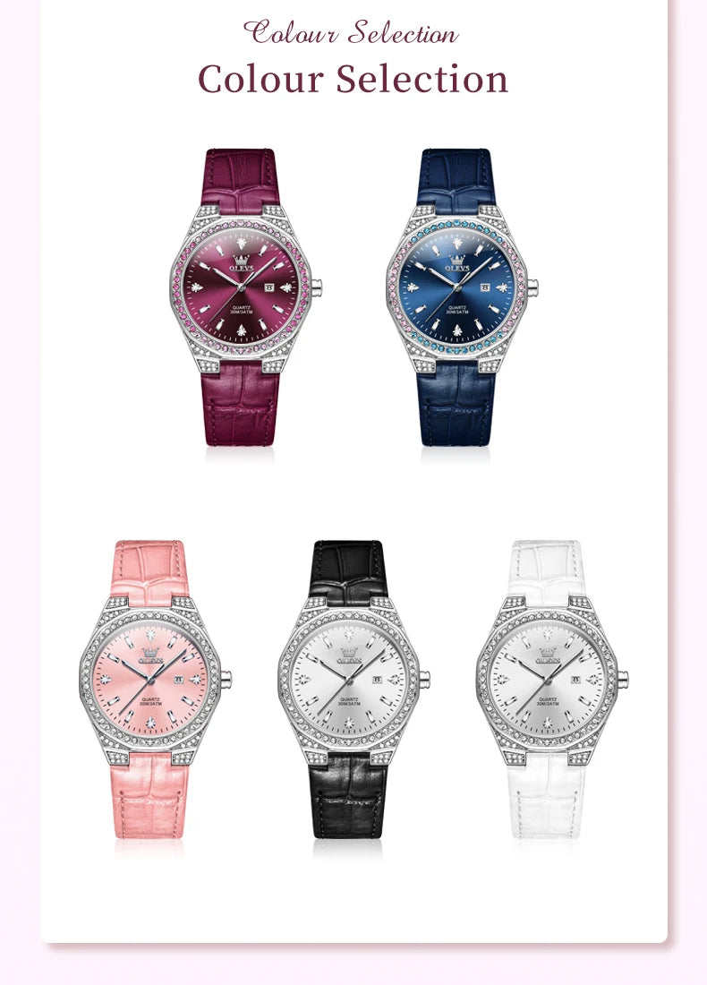 OLEVS Diamond Lap Women's Watches Luxury Original Quartz Watch for Women Fashion Leather Strap Waterproof Girls Dress Wristwatch