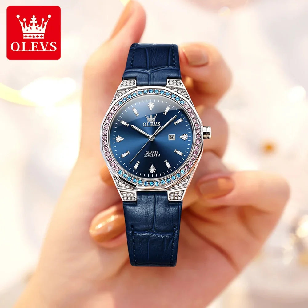 OLEVS Diamond Lap Women's Watches Luxury Original Quartz Watch for Women Fashion Leather Strap Waterproof Girls Dress Wristwatch