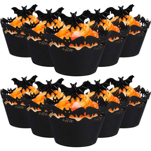 12pcs Halloween Black Bat Cupcake Wrappers Cupcake Liners Ghost Halloween Cupcake Decorations Halloween Themed Party Supplies - EtherealBe