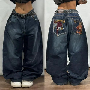Street Y2K New Fashion Straight Loose Jeans Women Harajuku Casual Joker Low Waist Slim Mopping Wide-leg Pants Couple Punk Jeans - EtherealBe
