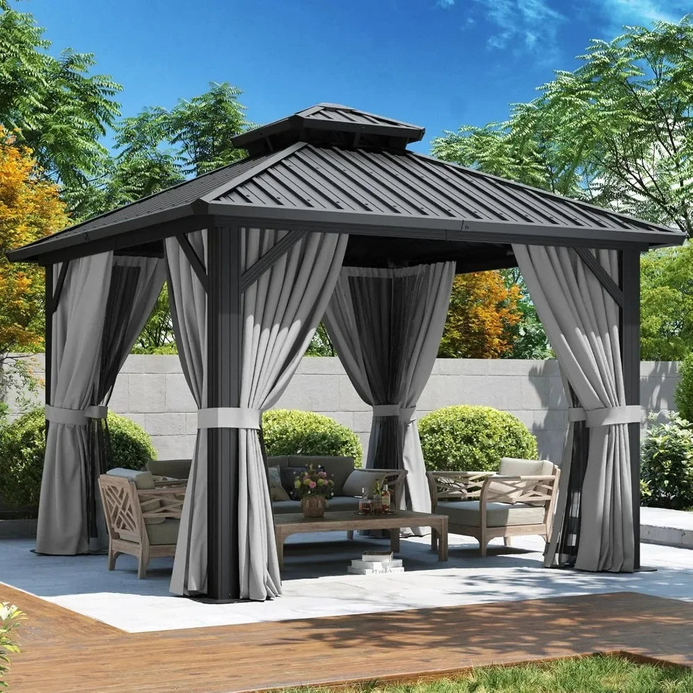 10'x10' Hardtop Gazebo, Aluminum Frame Canopy with Double Galvanized Steel Roof, Outdoor Metal Pavilion with Netting