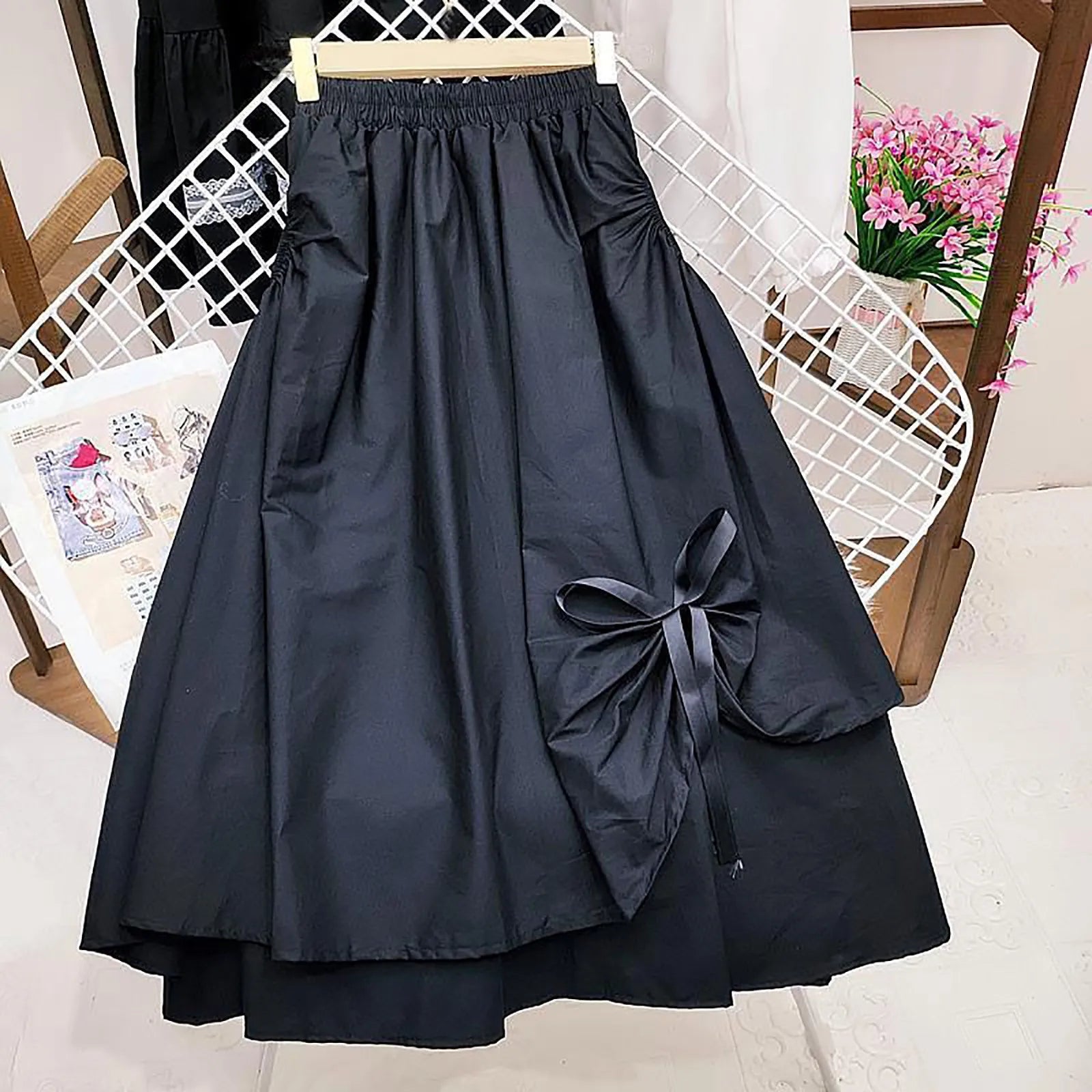 Korean Style Bow Lace Up Skirt For Women Summer High Waist A-Line Large Swing Skirts Solid Color Irregular Long Skirts Faldas