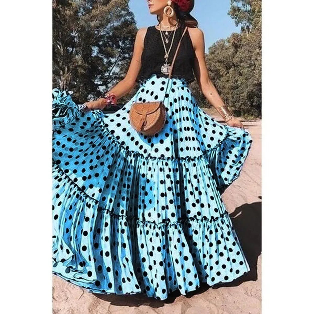 Women Fashion High Waist Polka Dot Printed Swing Boho Skirt Summer New Elegant Loose Ruffled Pleated Skirt Female Beach Skirts