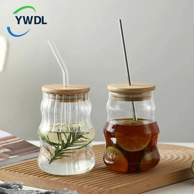 YWDL 500ml Glass Tumblers Cups With Straw Mason Jar Clear Juice Coffee Milk Cup With Bamboo Lids Drinkware Stripe Beer Mug