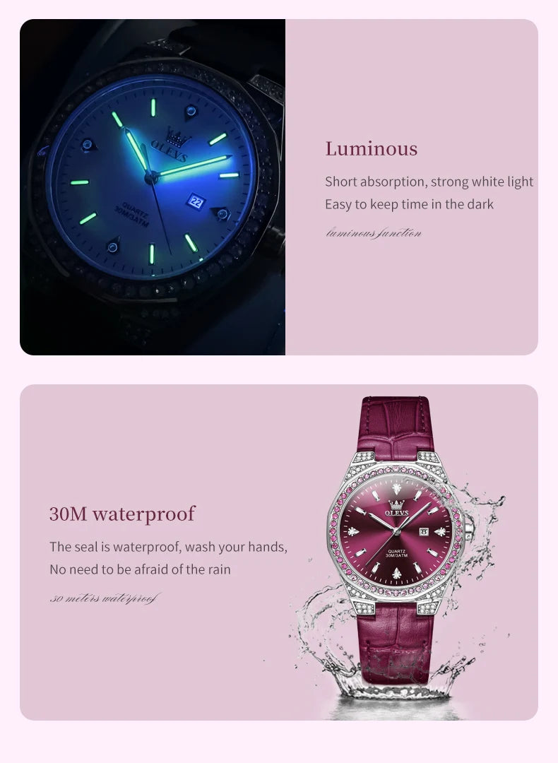 OLEVS Diamond Lap Women's Watches Luxury Original Quartz Watch for Women Fashion Leather Strap Waterproof Girls Dress Wristwatch