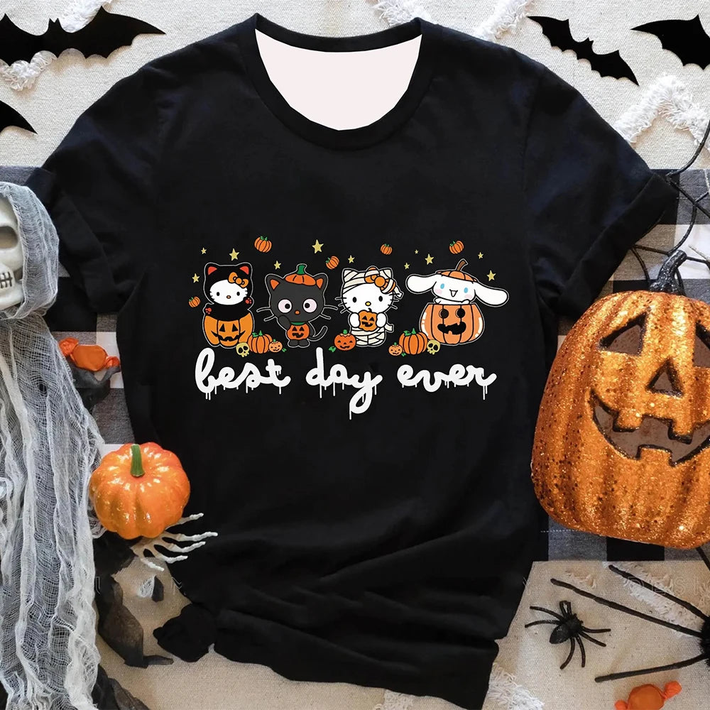 New Sanrio Hello Kitty Printed Short Sleeved T-Shirt Halloween Women's And Men's Casual Fashionable Comfortable Sports Shirt