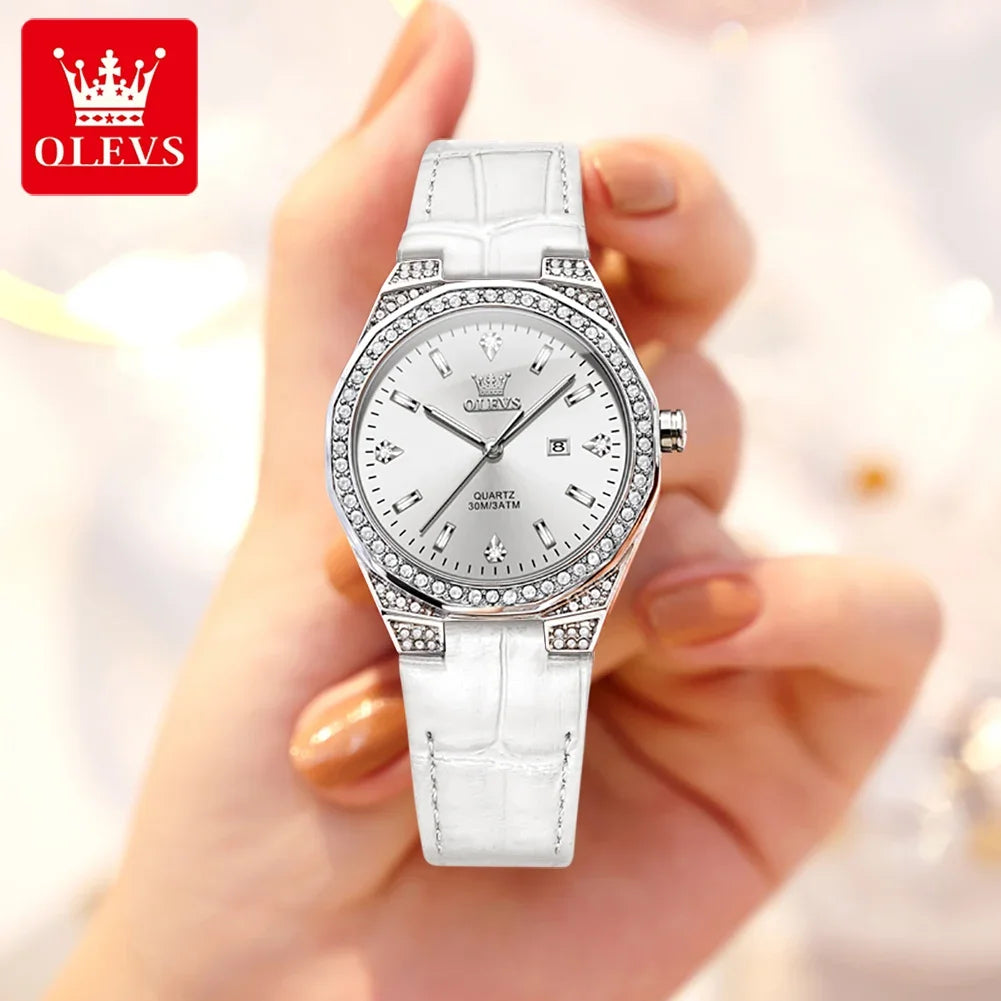 OLEVS Diamond Lap Women's Watches Luxury Original Quartz Watch for Women Fashion Leather Strap Waterproof Girls Dress Wristwatch