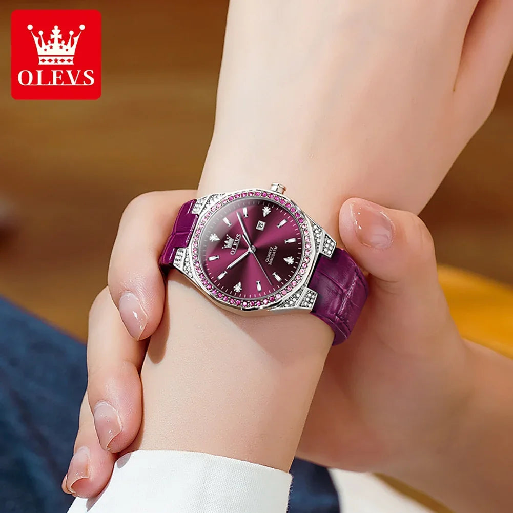 OLEVS Diamond Lap Women's Watches Luxury Original Quartz Watch for Women Fashion Leather Strap Waterproof Girls Dress Wristwatch