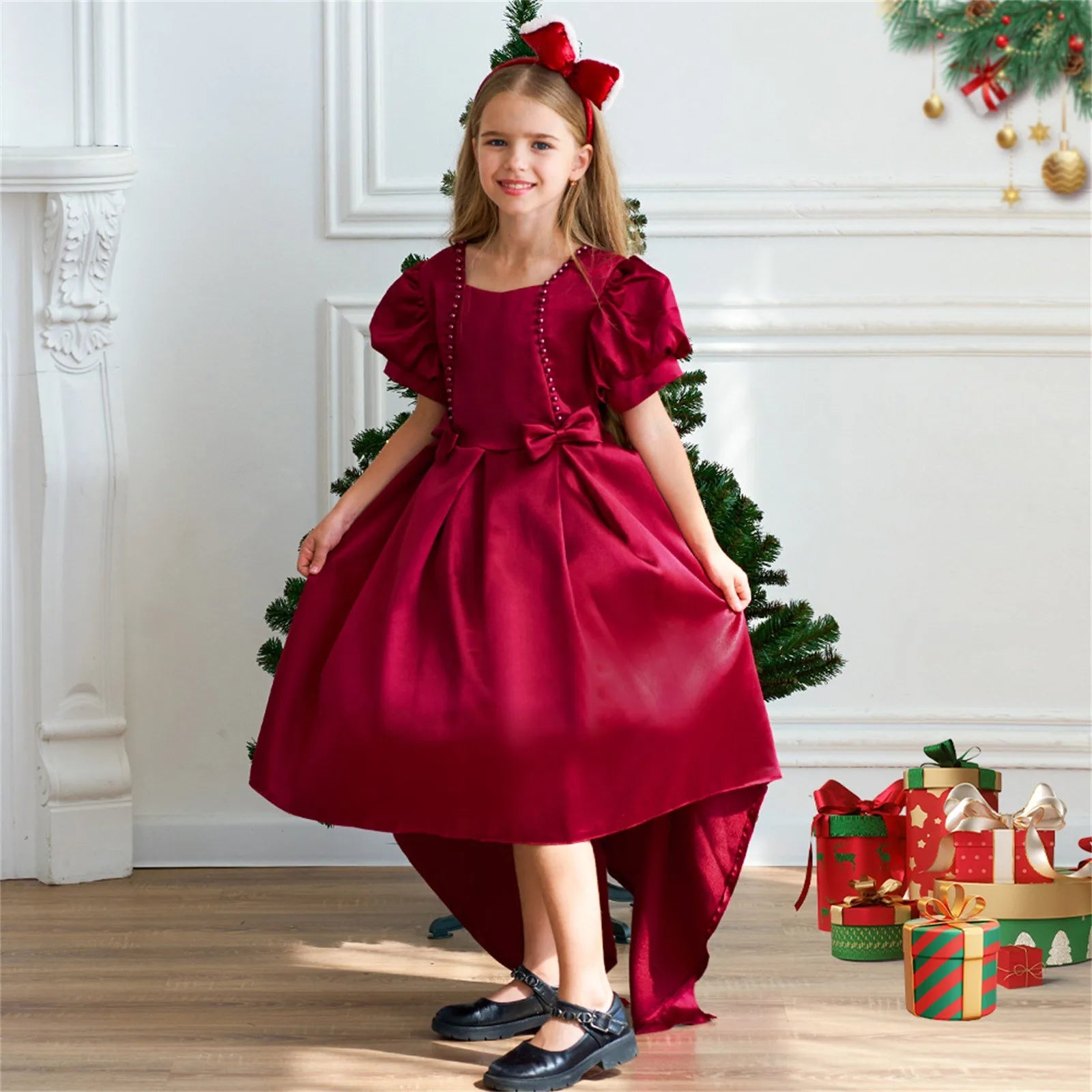 Girls Dress with Trailing Skirt Bubble Sleeves Satin Dress Piano Performance Dress Princess Dress Christmas Party Kids Clothes
