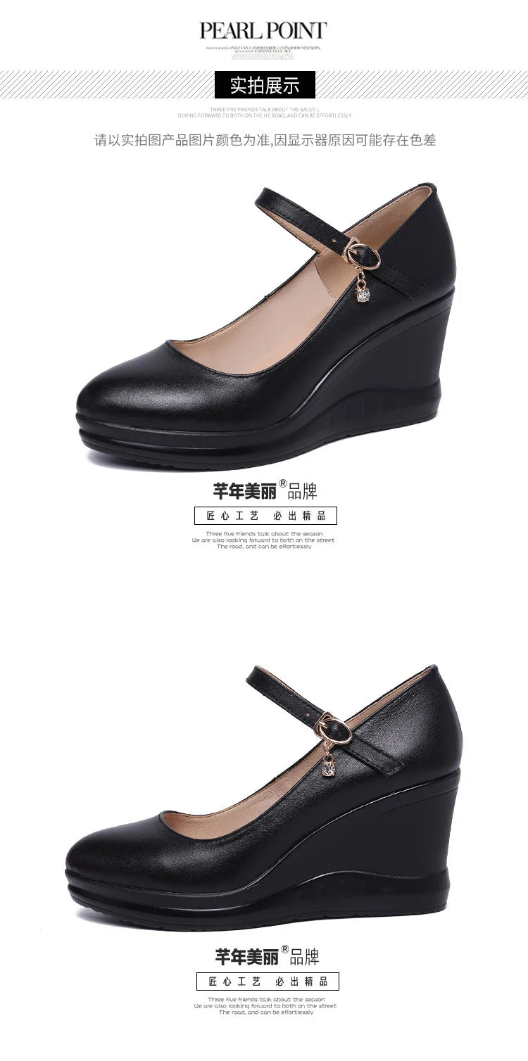 high quality leather shoe for women 7cm wedge high heel platform round toe 32 33 42 43 elegant and fashion shoe white red black