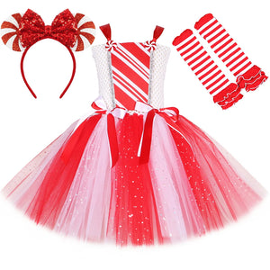 Girls Christmas Candy Cane Tutu Dress Outfits Red White Glittery Mrs Santa Claus Costume for Kids New Year Xmas Party Dresses - EtherealBe