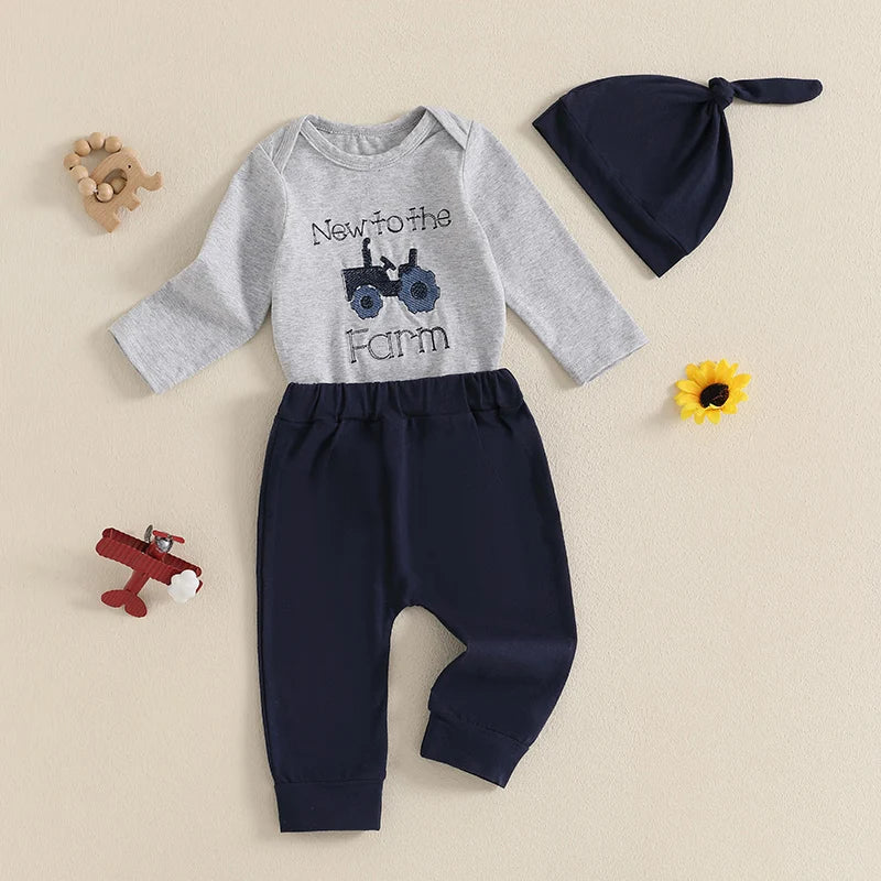 Adorable Toddler Boys Spring Ensemble with Cute Tractor Design Including Romper Pants and Hat - 3-Piece Set