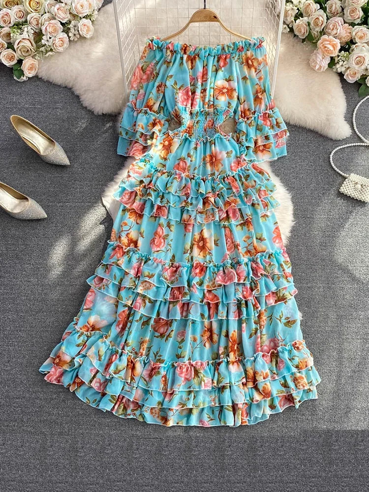 Summer New Off Shoulder  Wrap Waist to Show Thin A-line Fragmented Cake Dress Women's Beach Vacation Chiffon Long Dress GD820