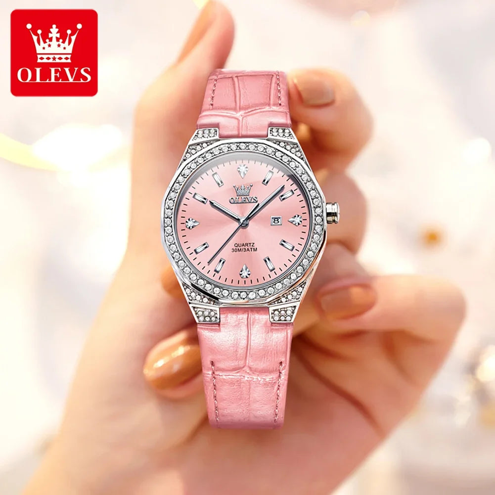 OLEVS Diamond Lap Women's Watches Luxury Original Quartz Watch for Women Fashion Leather Strap Waterproof Girls Dress Wristwatch