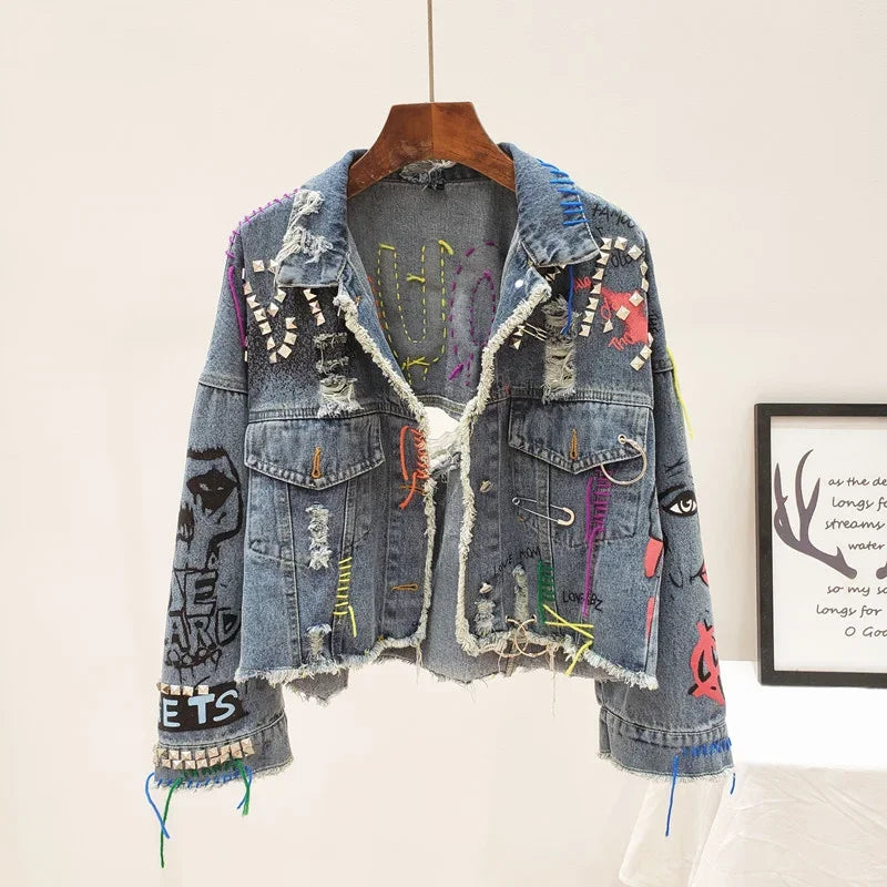 2025 Spring Autumn Women Street Fashion Graffiti Denim Jacket Female Short Frayed Raw Cut Rivet Jacket Fringe Jean Coat Outwear