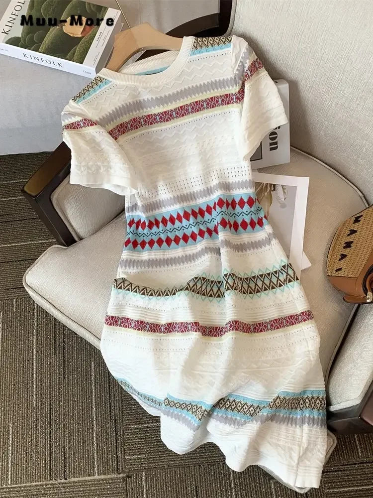 Women's Vintage Short Sleeve Striped O-neck Mini Dresses 2024 Summer Elegant Classic Office Lady A-Line Dress Lady Clothes