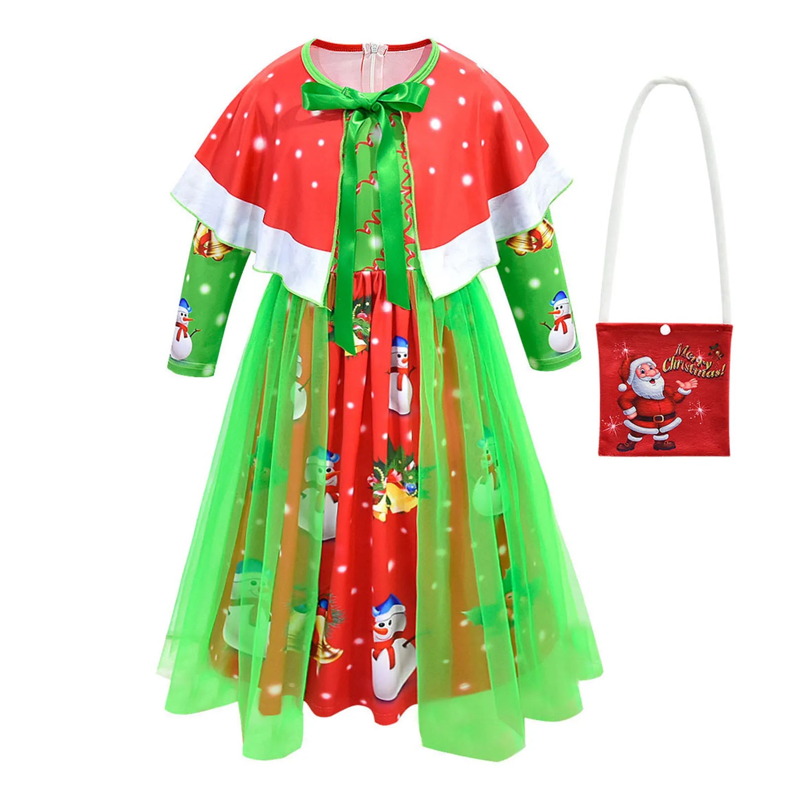 Toddler Kids Girls Cute Infant Christmas Cartoon Prints Costume Cosplay Party Dresss Shawl Outfits Children Xmas Fancy Dress Up