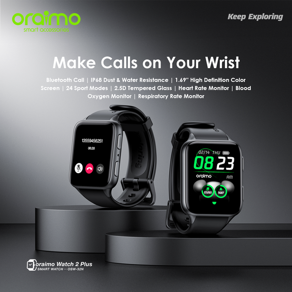 Oraimo OSW-16 Pro Oraimo 1.69'' IPS Screen IP68 Waterproof 24 Sports Mode  Rate/Sleep Monitor Smart Watch Pro | IQ-Store