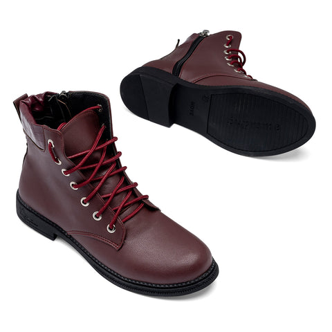 Plain Leather Lace Up Half Boots With Short Heel - Burgundy