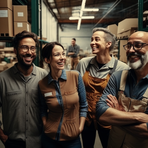 Happy metal art workers standing in a warehouse.